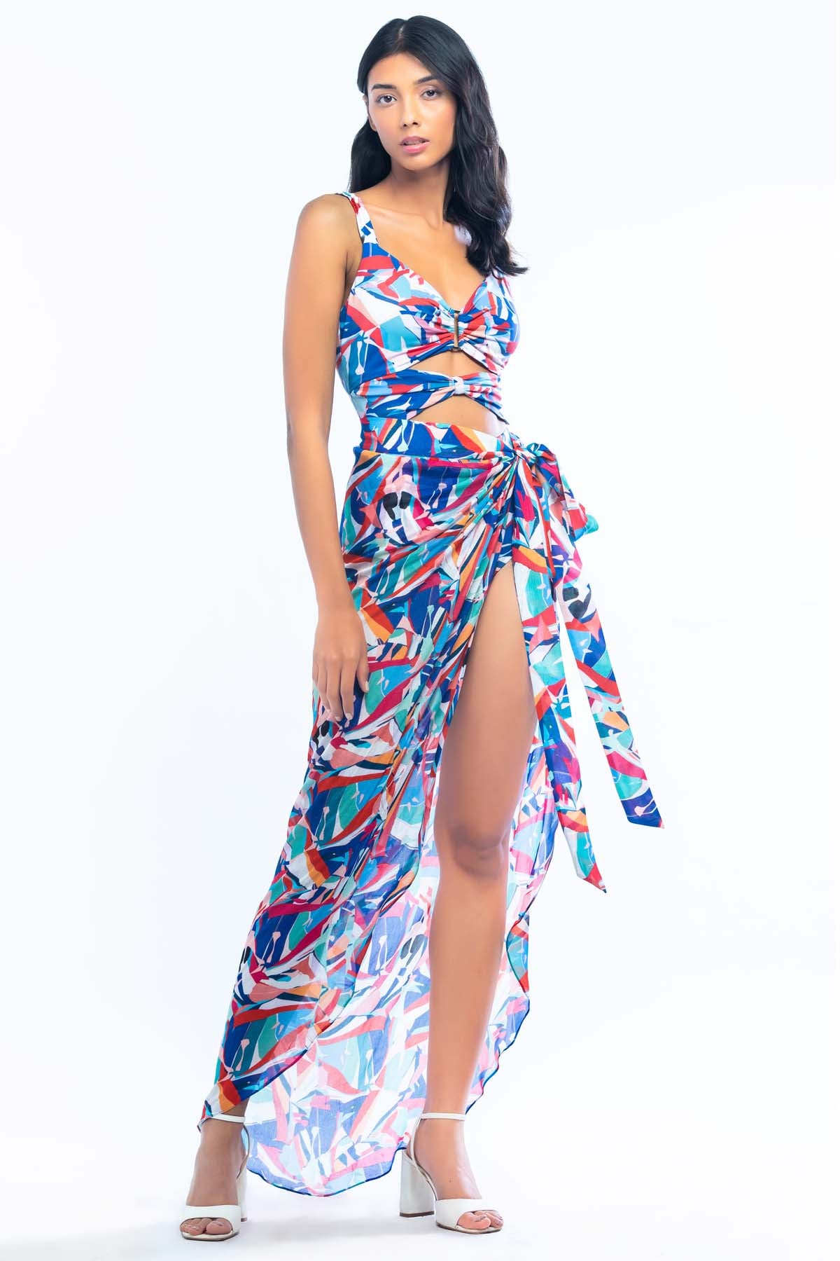 Buy Printed Chiffon Wrap Bodysuit by Mandira Wirk